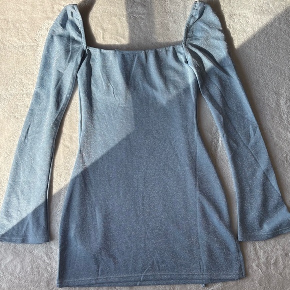 Princess Polly | 4 | Blue Silver Sparkle Long Sleeve Halter Neck Tie Mini Dress - Picture 11 of 13